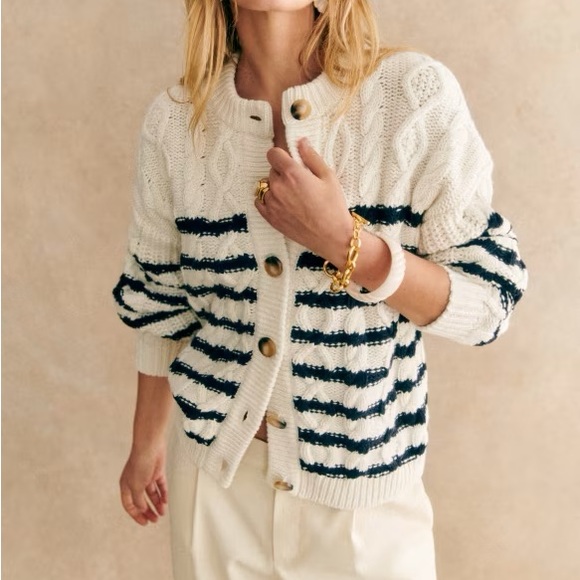 Sezane Sweaters - Sezane Sean Cardigan Ecru / Navy - Size S